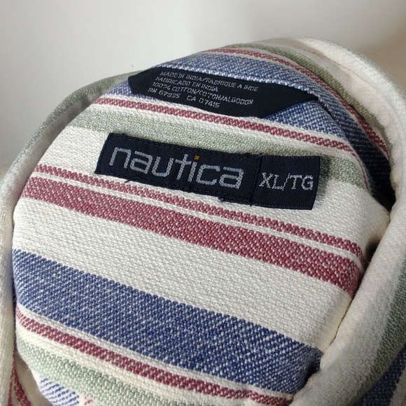 Vintage 90s NAUTICA Button Down Shirt Red White Blue Denim Stripe XL 100% Cotton - Picture 8 of 8